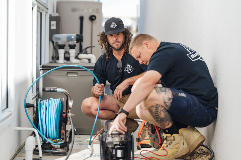 Two men working on some pipes